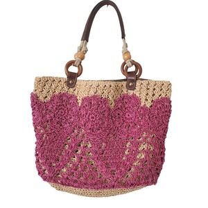 Fossil Straw Crochet Tote Shoulder Bag Pink Beige Wood Beaded Boho Vacation